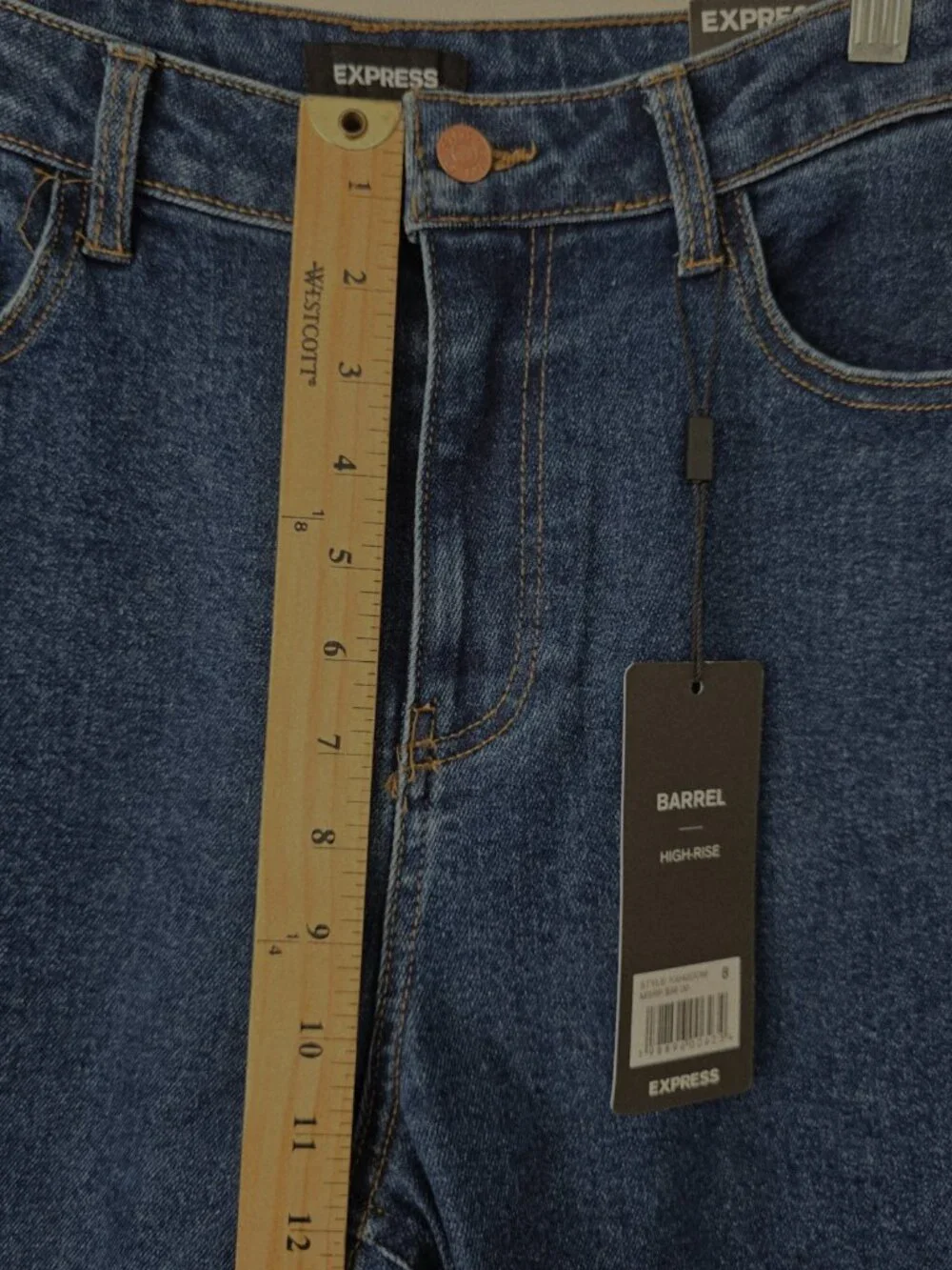 Express High Rise Barrel Jeans 8 Dark Wash Raw Hem NWT